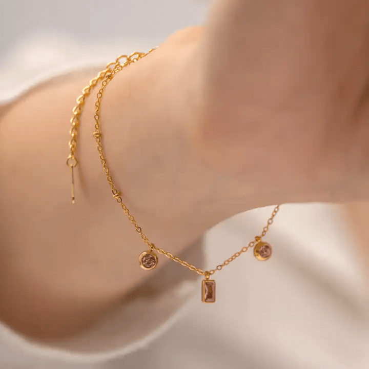 18k gold plated bracelet and necklace with pink rhinestones - JOUDFI