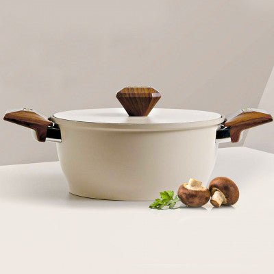 Beige granite pot with wooden handle, 22 cm - JOUDFI