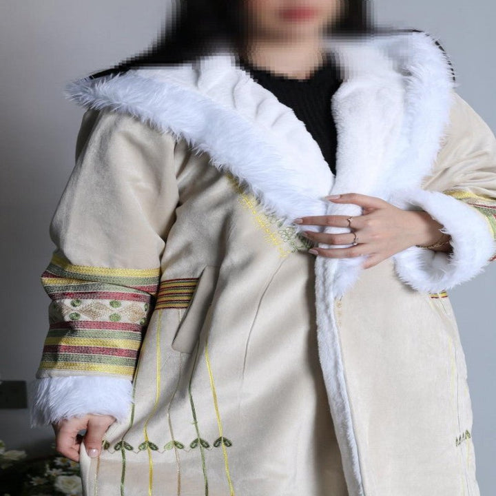 Women's fur, beige velvet fabric with special pattern embroidery - JOUDFI